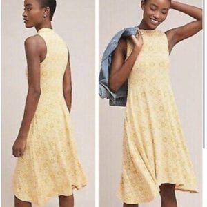 Anthropologie Maeve Yellow Print Cleary Mock Neck Midi  Dress Size Small